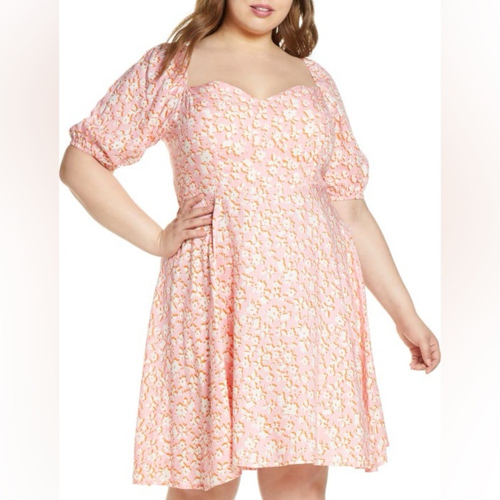 Eloquii Puff Sleeve Floral Pink Orange Mini Dress Women’s 22 Plus Size